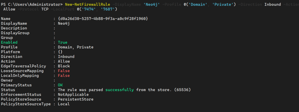 The output of the New-NetFirewallRule commandlet