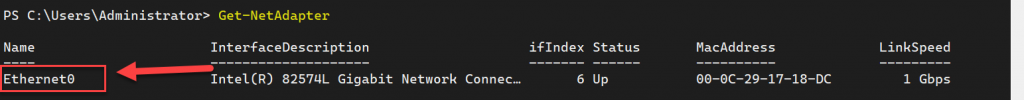 Showing the location of the Get-NetAdapter commandlets Network adapter name