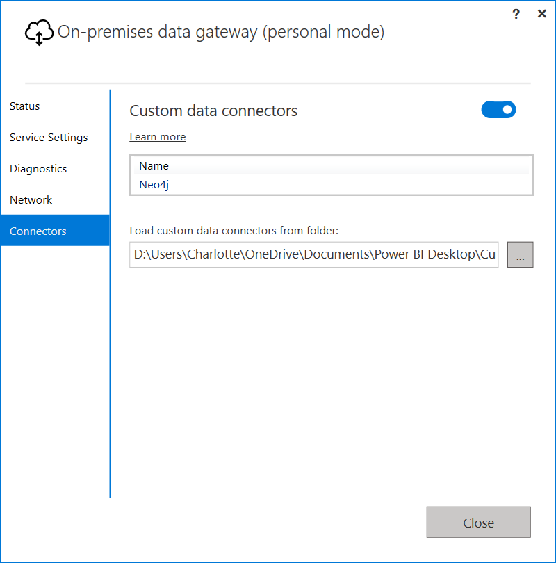 On-premises data gateway (personal mode) - The connectors tab is selected and the tab now shows the Neo4j connector in the list of connectors.