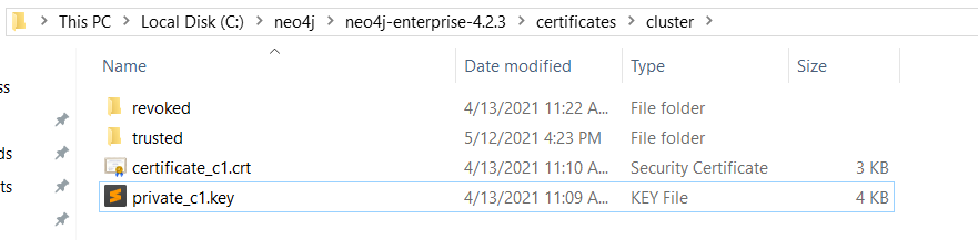 Shows Windows Explorer view of the Certificates/Cluster folder with the trusted and revoked folders in, and the .crt and .key files.