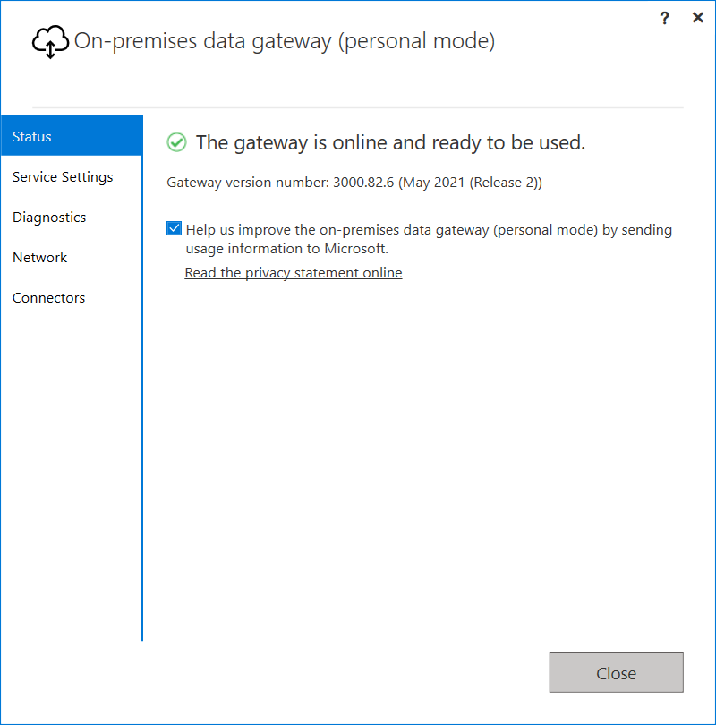 On-premises data gateway (personal mode) - The status tab logged in, showing that 'The gateway is online and ready to be used'