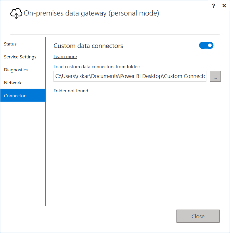 On-premises data gateway (personal mode) - Connectors tab is selected, the key bit is some text that reads 'Folder not found' as it's pointing to the default location.