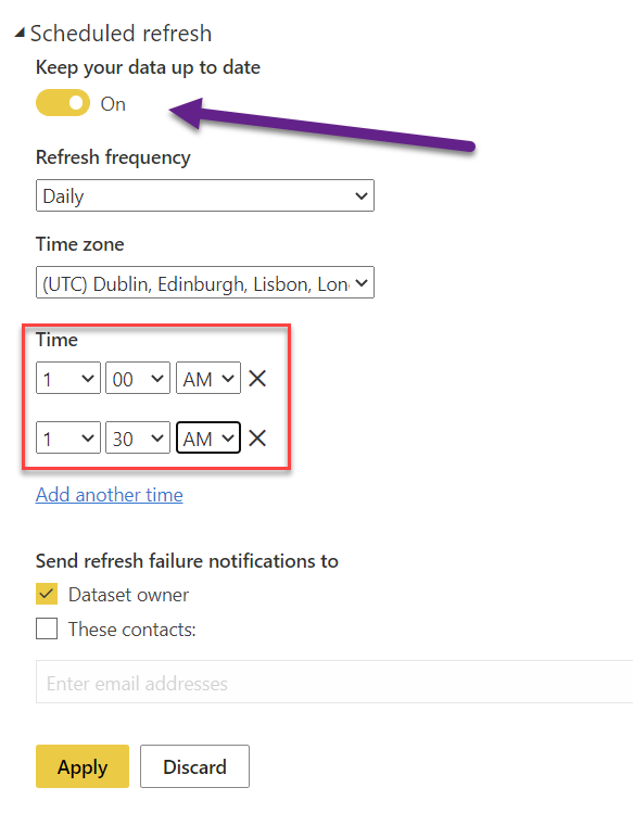 Shows the 'Scheduled Refresh' options on the server - allowing you to refresh daily with 30 minute blocks. The image shows 1 am and 1:30 am set.