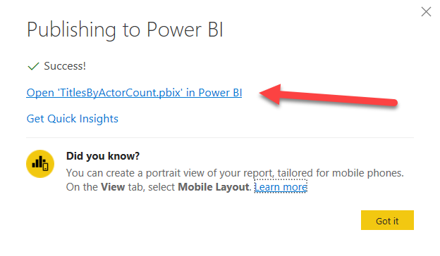 Shows an arrow pointing to the "Open 'TitlesByActorCount.pbix" in Power BI link